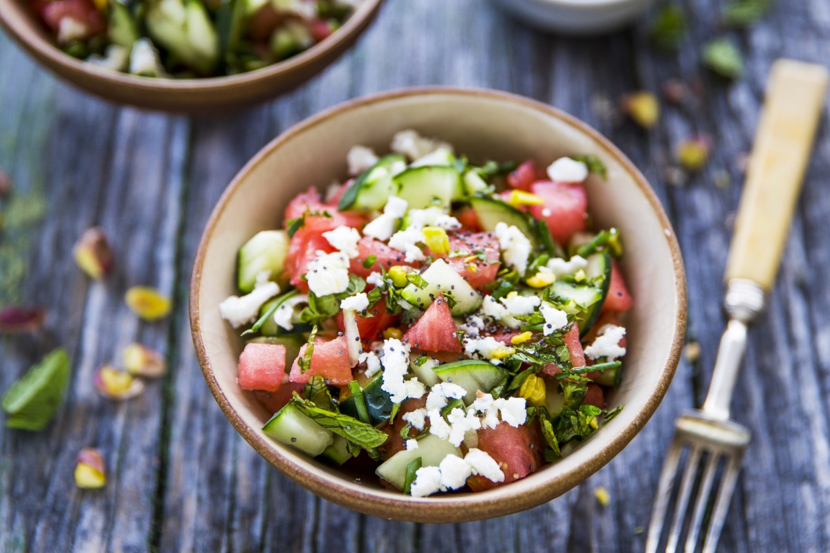 Salade van watermeloen, komkommer en feta