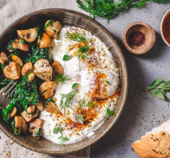 Breakfast with mushrooms and spinach